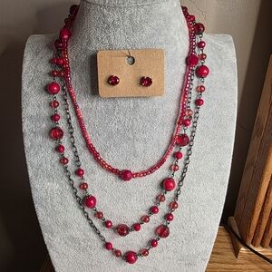 Stunning Red Beaded Jewelry Bundle of  2 Necklaces and 1 Earring Set